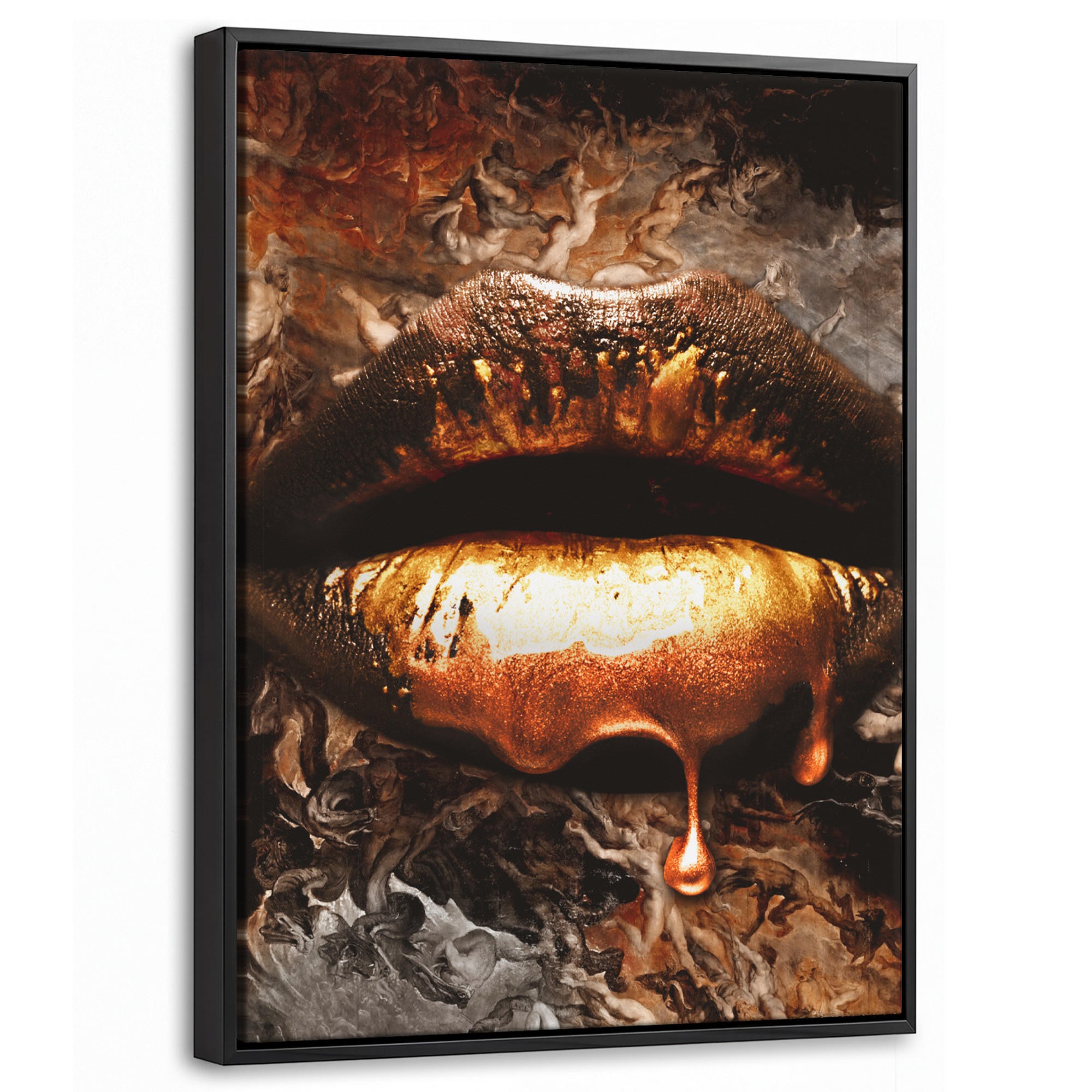 LEINWAND Bilder mit Rahmen - Gold - Lippen - Kunst - Gold - Luxus - Abstrakt - 30x40 - Kupferfarben, Textil (30/40cm) - MuchoWow