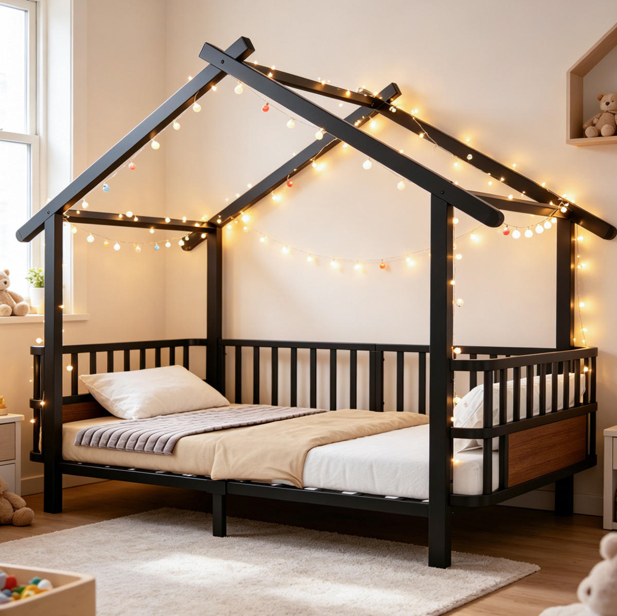 KINDERBETT Hausdesign 90/200 cm Schwarz aus Metall mit Sicherheitsgitter ohne Matratze - Schwarz, Metall (90/200cm) - MIVRAY