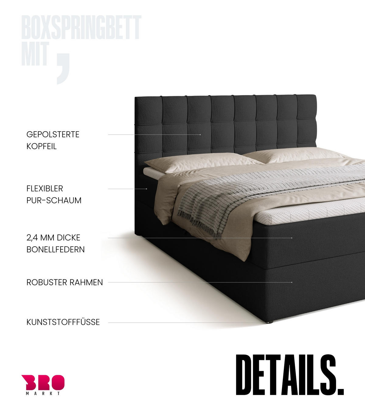 BOXBETT Detroit mit Topper 160/200 Anthrazit - Anthrazit, Holzwerkstoff/Textil (160/200cm) - Bromarkt