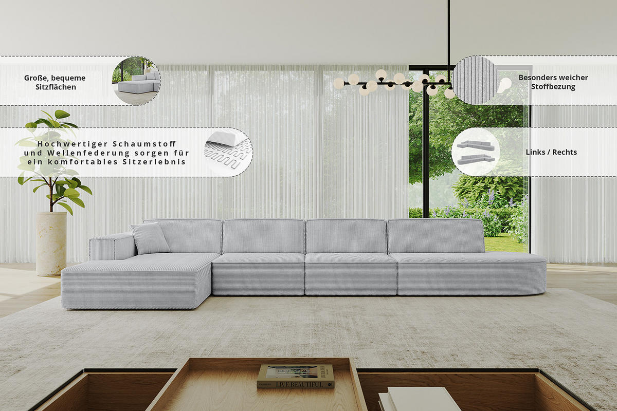 ECKSOFA Ottomane Links IREA-L3-v4 - 403x165x72,5 cm Apricot - Koralle, Holzwerkstoff/Textil (403/165cm) - ALTDECOR