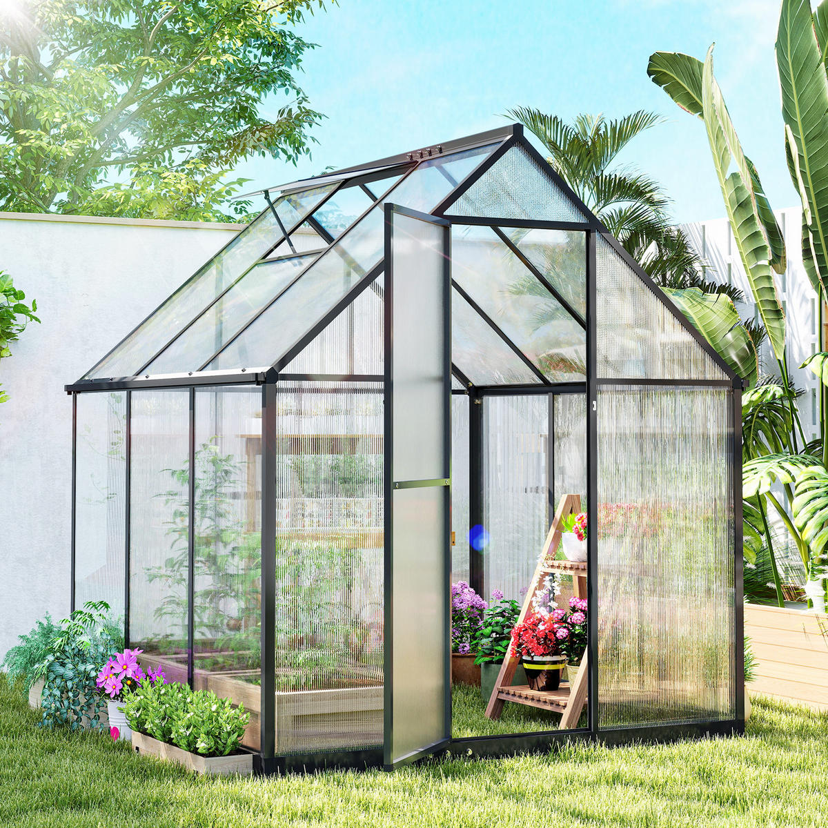 GEWÄCHSHAUS DE-12082 mit Polycarbonat und verstellbarem Fenster Transparent - Transparent, Metall (168/195/178cm) - ComfortXL