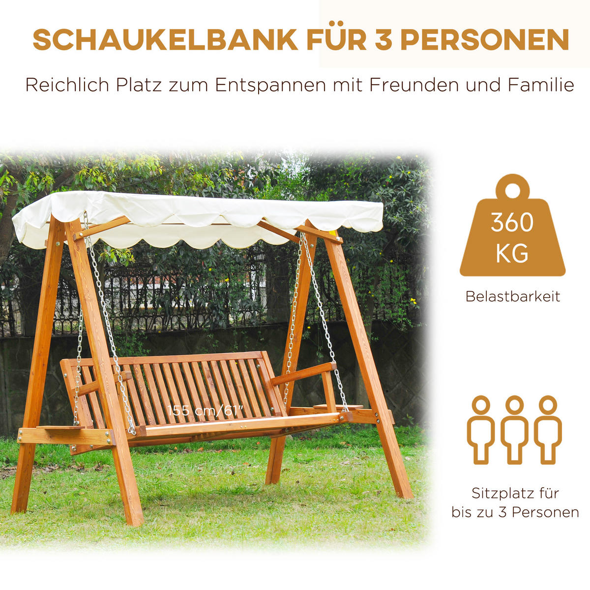 HOLLYWOODSCHAUKEL, 3-Sitzer, Lärche - Creme, Metall (130/185/210cm) - Outsunny