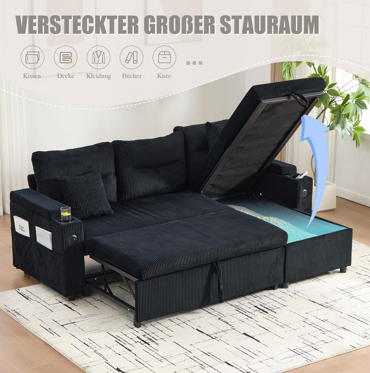 3-SITZER Eckschlafsofa Cord mit Stauraum und USB-Anschluss Schwarz 212,5/136/86 cm - Schwarz, Textil (136/212.5cm) - Redom