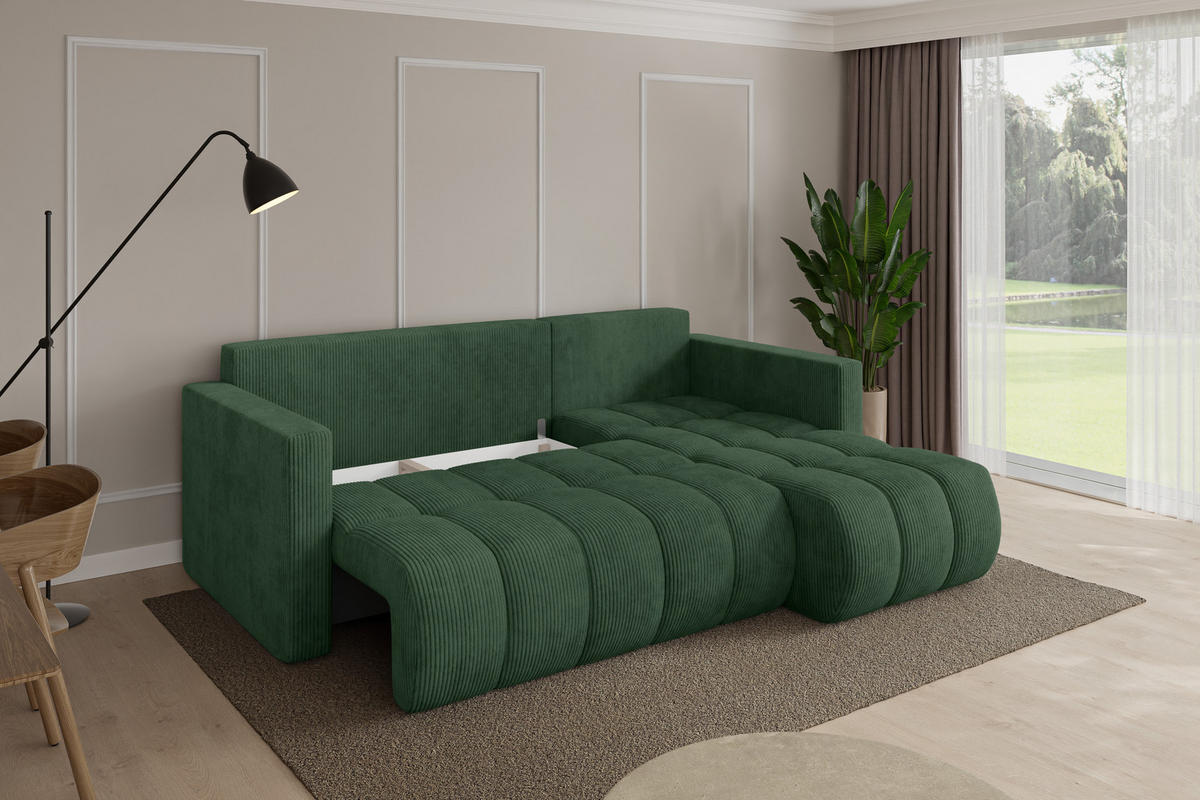 ROHOVÁ SEDAČKA s funkcí spaní, otoman vpravo GARD-L 226x146x85 zelená manšestr - černá/tmavě zelená, kompozitní dřevo/textil (226/146cm) - ALTDECOR