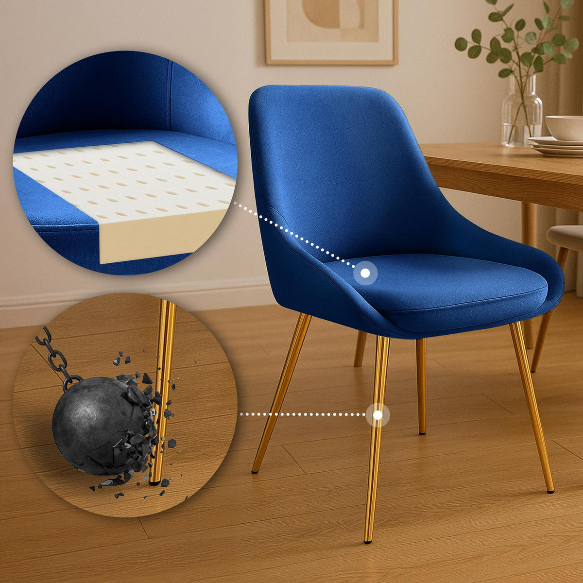STUHL Samt Dunkelblau - Goldfarben/Dunkelblau, Textil (50/86/53cm) - CLP