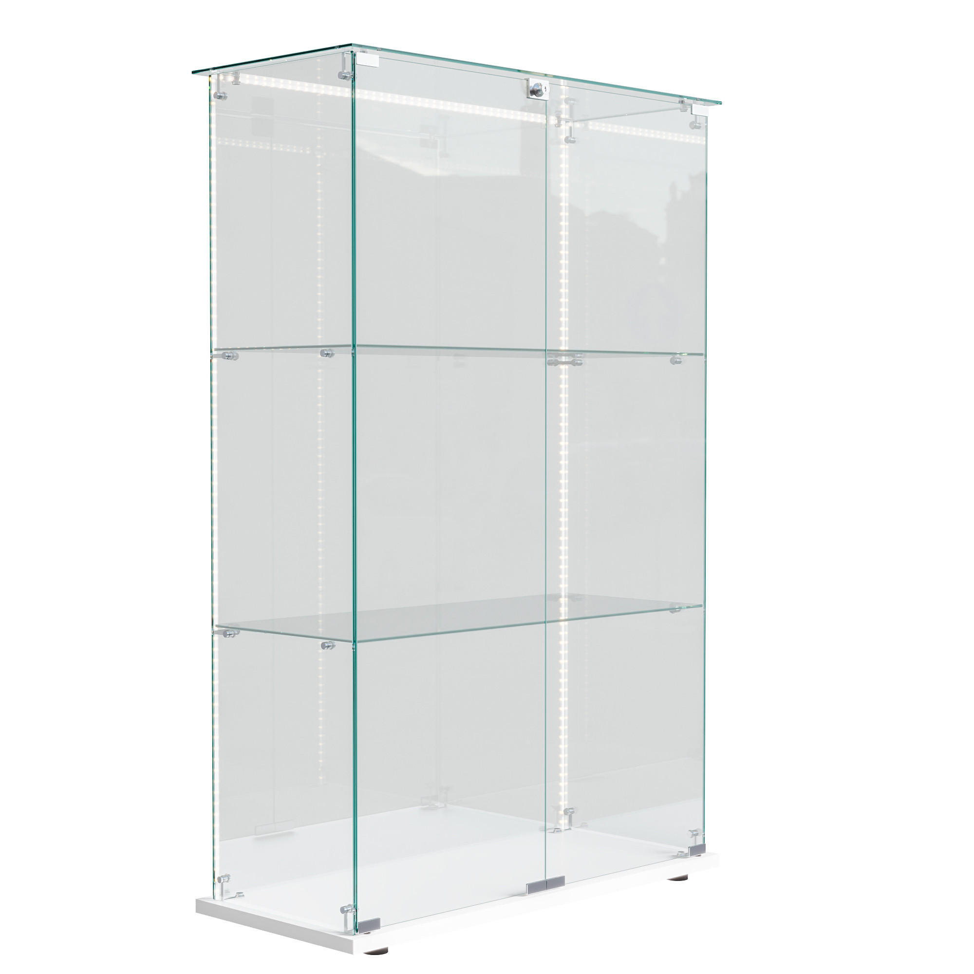 GLASVITRINE, stehend mit 3 Einlegeböden, LED-Lichtleiste, Doppeltür mit Sicherheitsschloss in Weiß - Weiß, Glas (35/123.3/78.5cm) - BRILVERDE