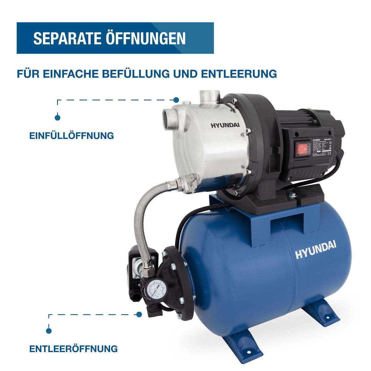 HAUSWASSERWERK HWW12050-ST (1200W, STAHL-Kessel, 5.000 l/h, Förderhöhe max. 50m, Ansaughöhe max. 8m) - Blau, Metall (27.5/51.4/48.1cm) - HYUNDAI