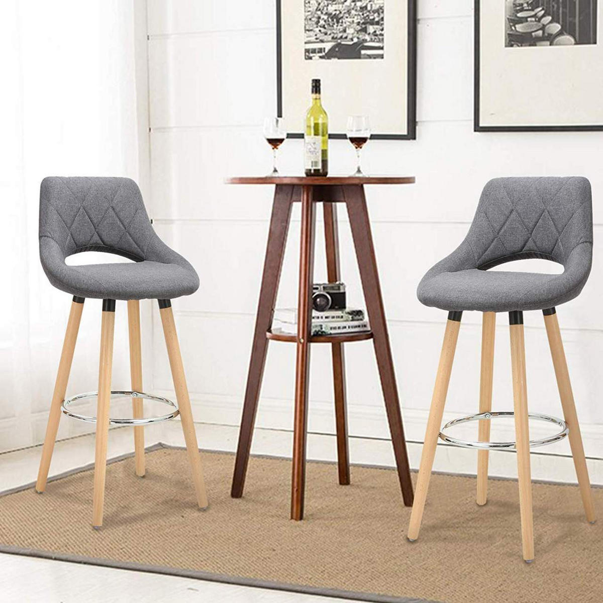 BARHOCKER 2er Set, aus Leinen, Holzgestell, Dunkelgrau - Dunkelgrau/Buchefarben, Holz/Textil (43/91/43cm) - Woltu