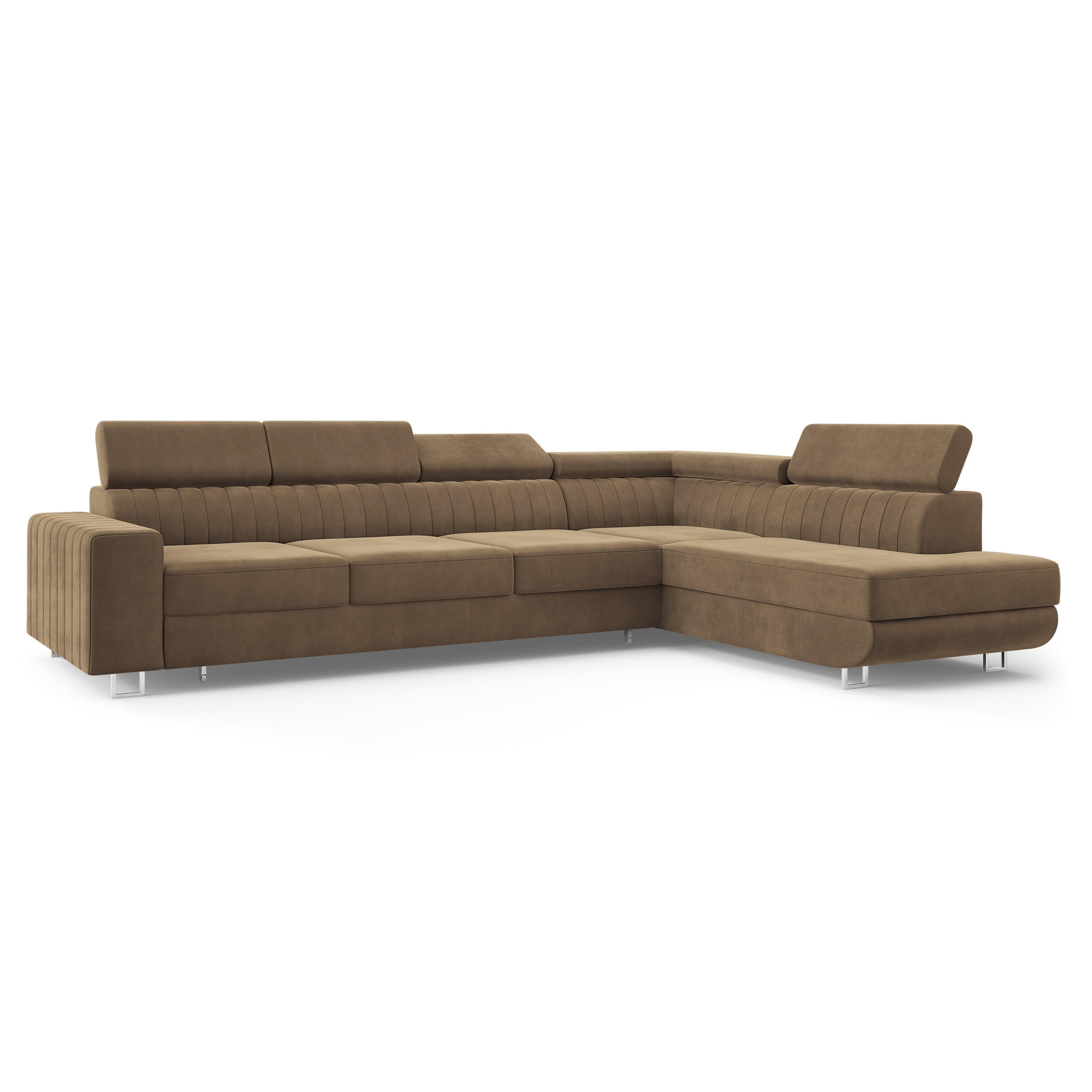 ECKSOFA HESTION Beige Velours-Stoff mit Schlaffunktion - Beige, Holz (332/190cm) - MASSENO