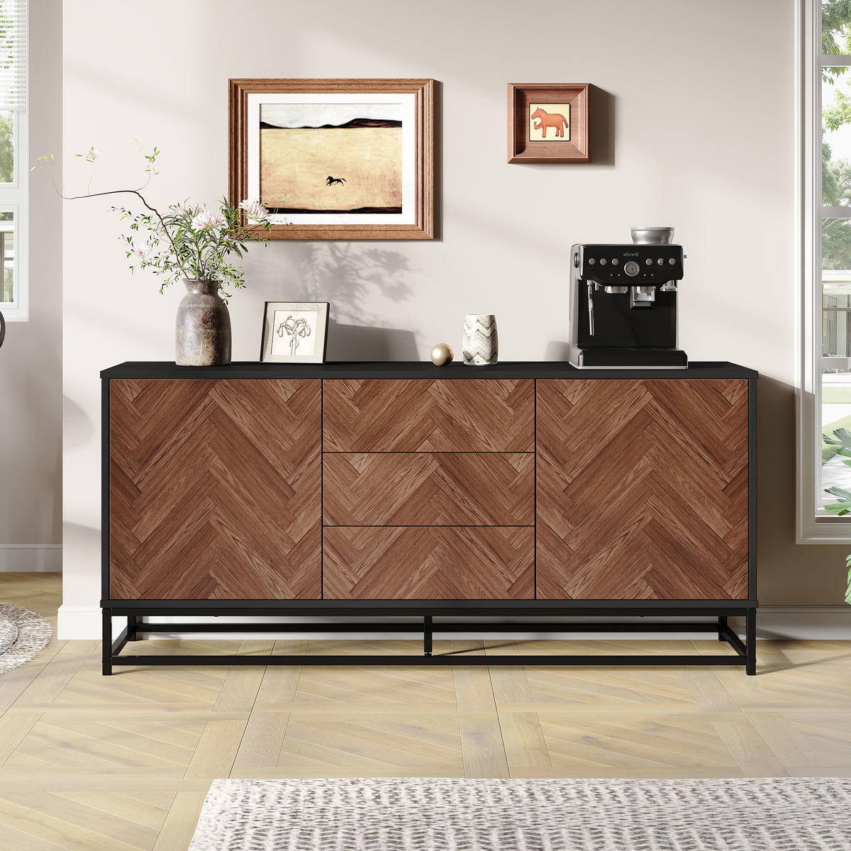 SIDEBOARD Holz Schwarz 3 Schubladen 2 Türen 145x40x67cm Metallrahmen - Multicolor, Holzwerkstoff (40/67/145cm) - FLIEKS