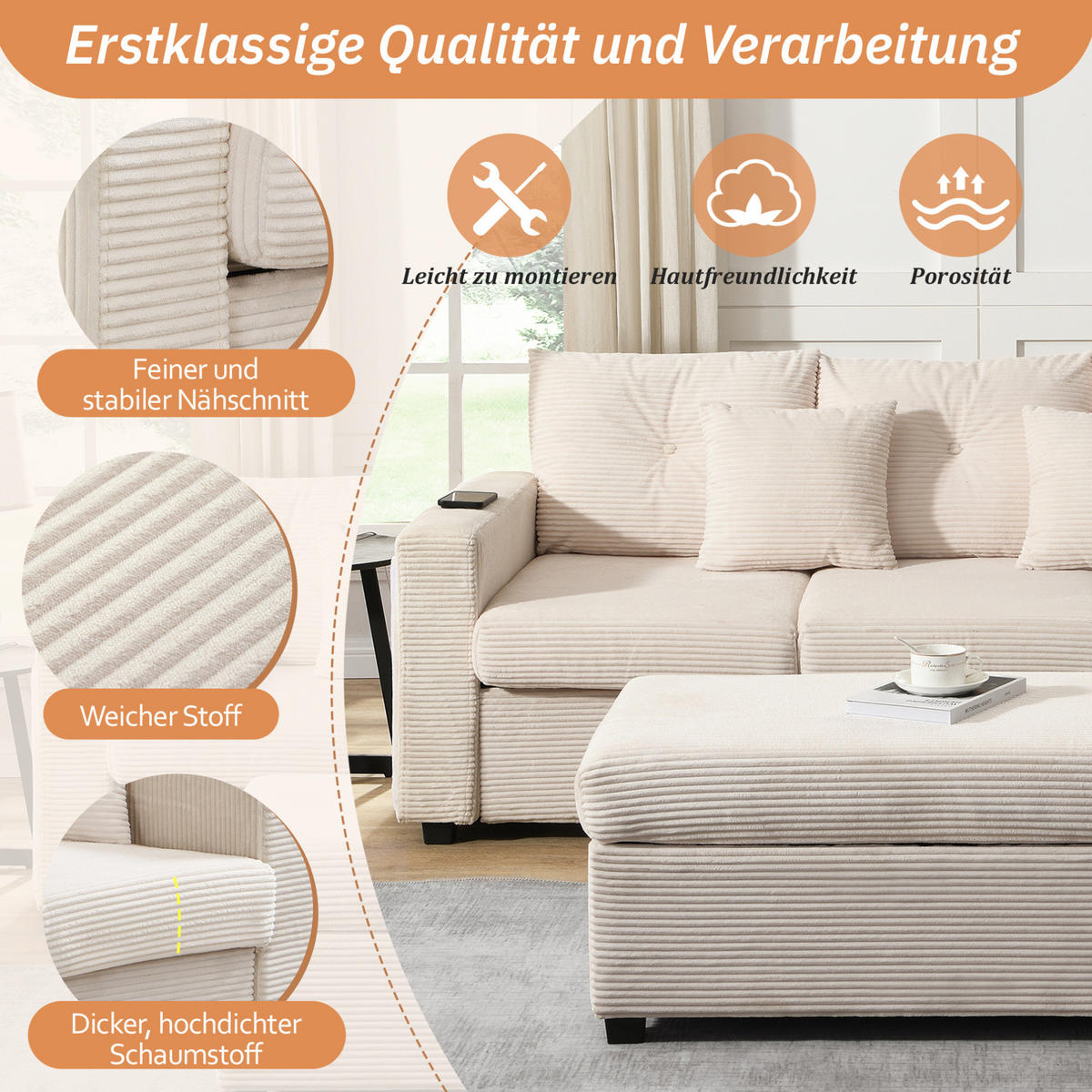 SOFA L-Form mit LED und Hocker Cord Beige 5-Kissen-Set - Beige, Kunststoff (184/84.5cm) - IVMEU