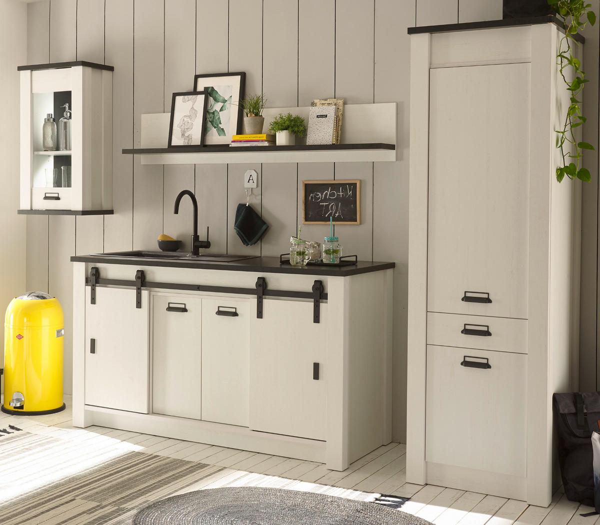 KÜCHE-HÄNGESCHRANK weiß Pinie, anthrazit Landhaus, Küchenschrank hängend mit Soft-Close - Anthrazit/Schwarz, Glas/Holzwerkstoff (50/90/31cm) - Furn.Design