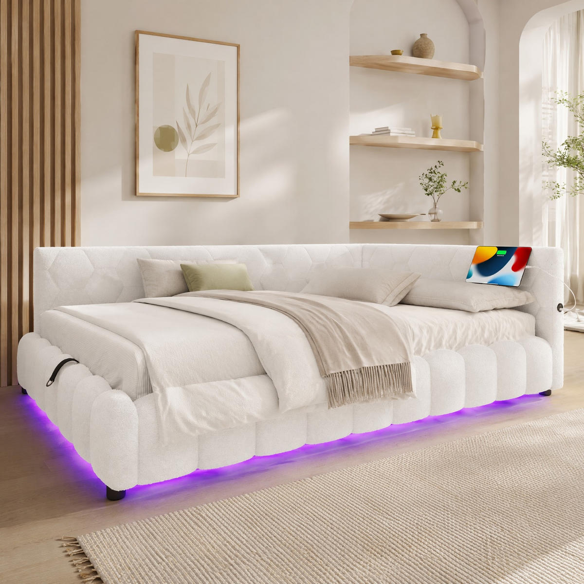 POLSTERBETT 140/200 mit LED-Lichtleiste, hydraulischem Stauraum, USB und Type-C in Weiß - Weiß, Holzwerkstoff/Textil (140/200cm) - EVRYAE
