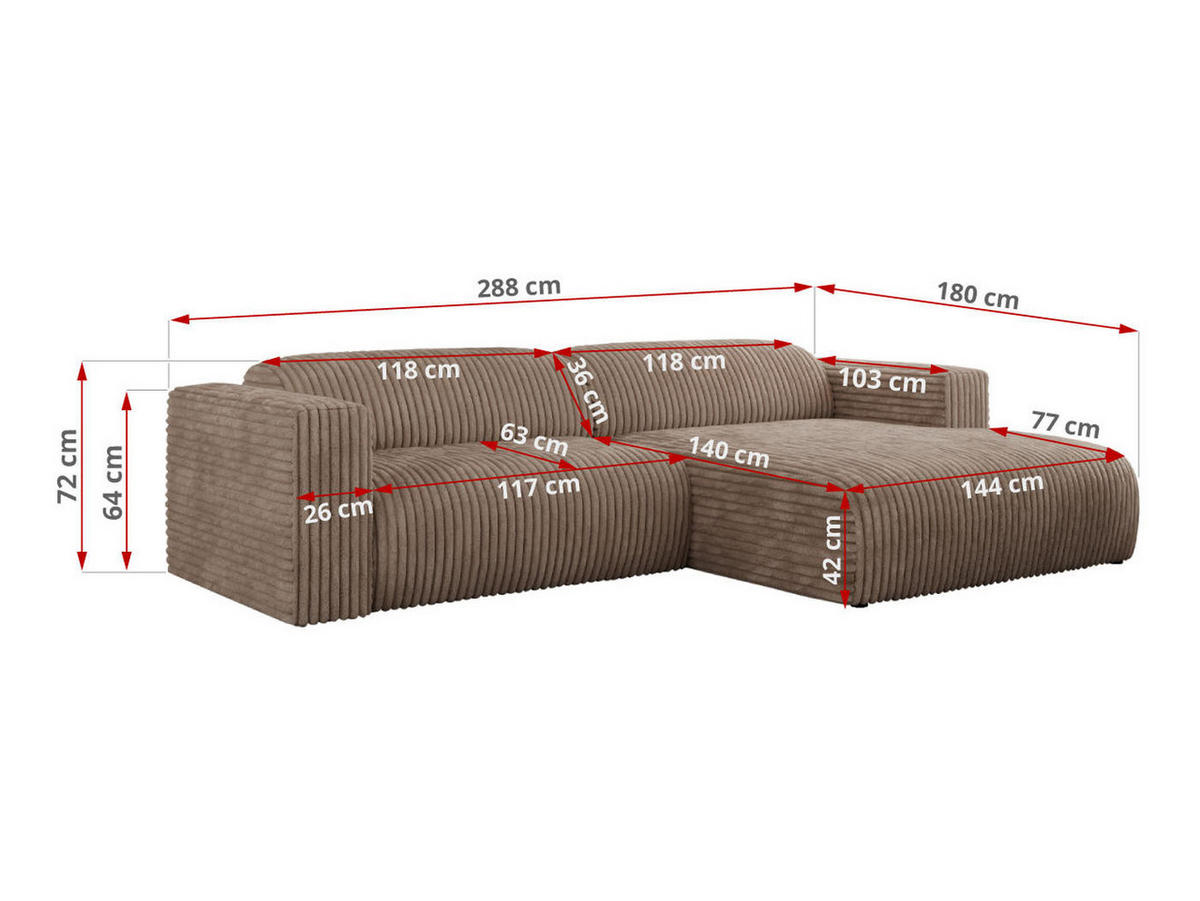 ECKSOFA PASADENA Braun Cord - Rechts Seite - Schwarz/Braun, Kunststoff/Textil (180/288cm) - MKS
