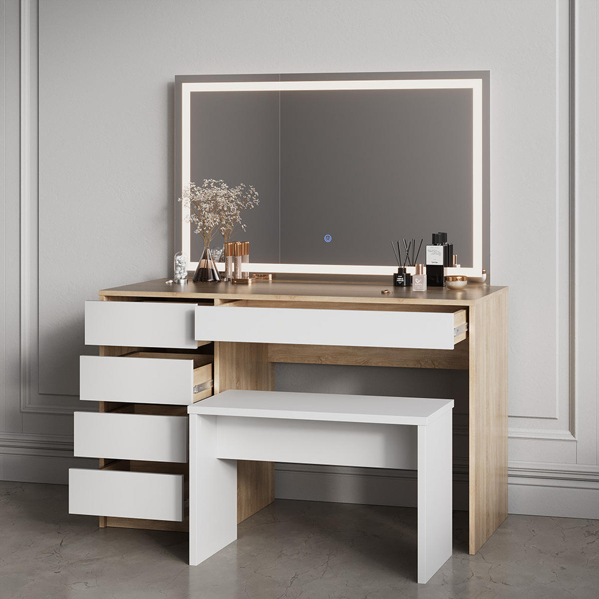 SCHMINKTISCH Imola Weiß/Sonoma mit LED Spiegel und Hocker - Weiß/Sonoma Eiche, Holzwerkstoff (120/75/55cm) - Livinity®