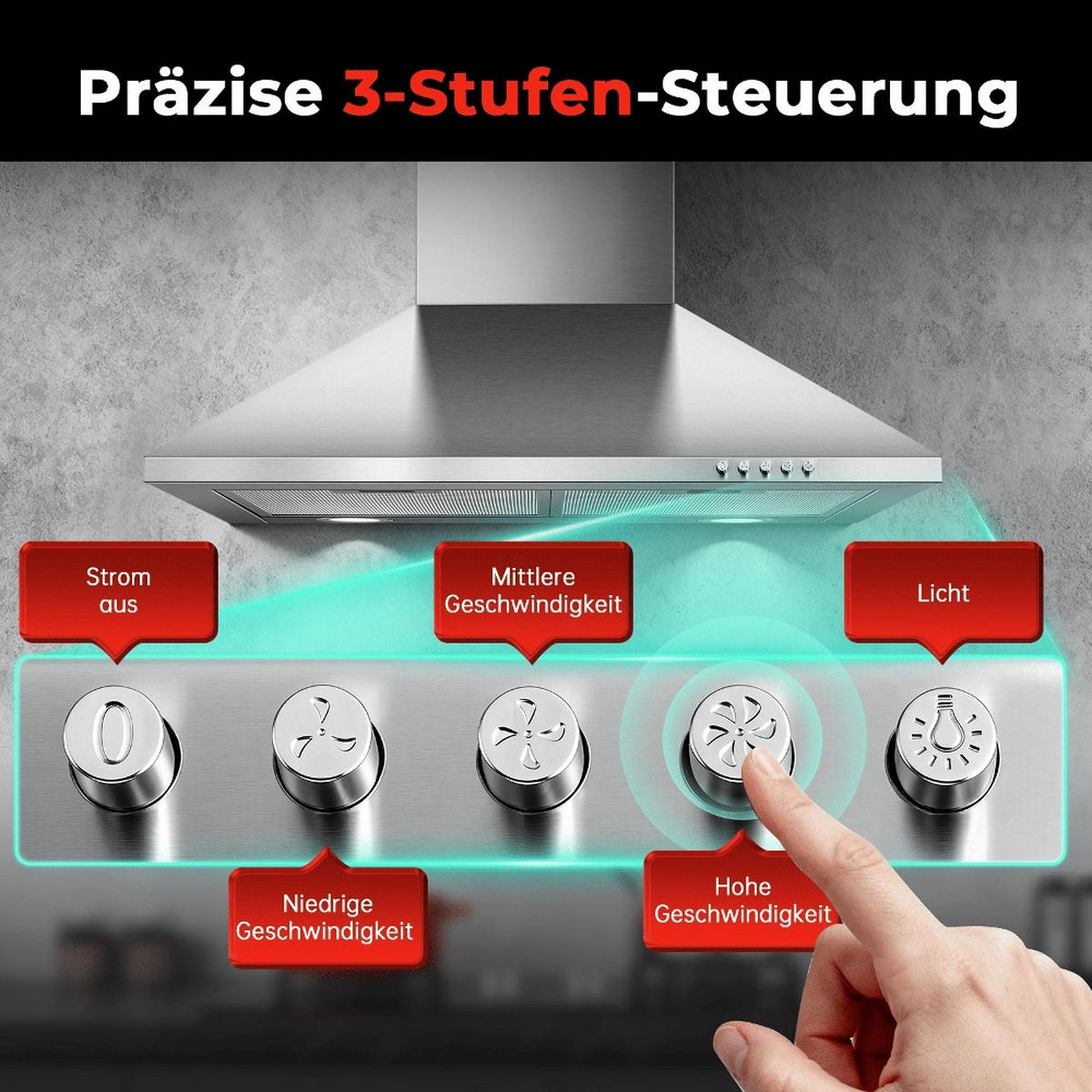 DUNSTABZUGSHAUBE EDELSTAHL Abluft Umluft LED-Beleuchtung 60 cm - Silberfarben, Metall (25.22/56.71/65.81cm) - Rolipo