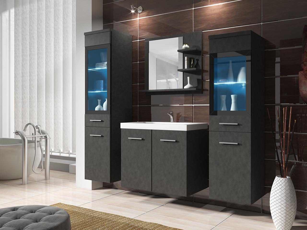 BADMÖBEL-SET Madrit I mit RGB LED Beleuchtung - Greige, Holzwerkstoff (30/132/30cm) - MIRJAN24