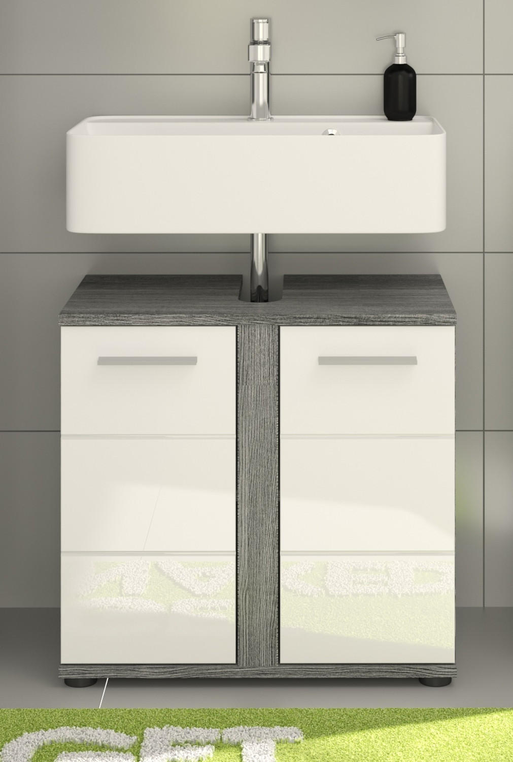 WASCHBECKENUNTERSCHRANK weiß Hochglanz, grau 60 cm, Badezimmer Unterschrank 2-türig - Weiß Hochglanz/Silberfarben, Holzwerkstoff/Kunststoff (60/57/34cm) - Inn.Furn