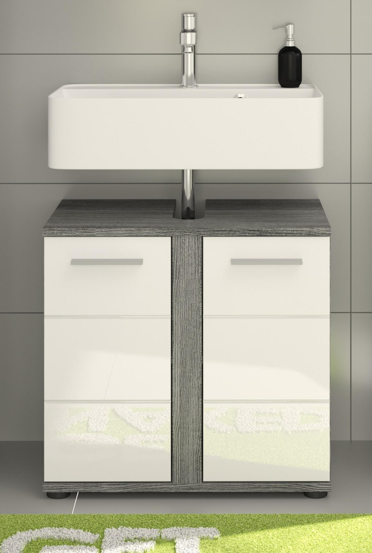 WASCHBECKENUNTERSCHRANK weiß Hochglanz, grau 60 cm, Badezimmer Unterschrank 2-türig - Weiß Hochglanz/Silberfarben, Holzwerkstoff/Kunststoff (60/57/34cm) - Inn.Furn