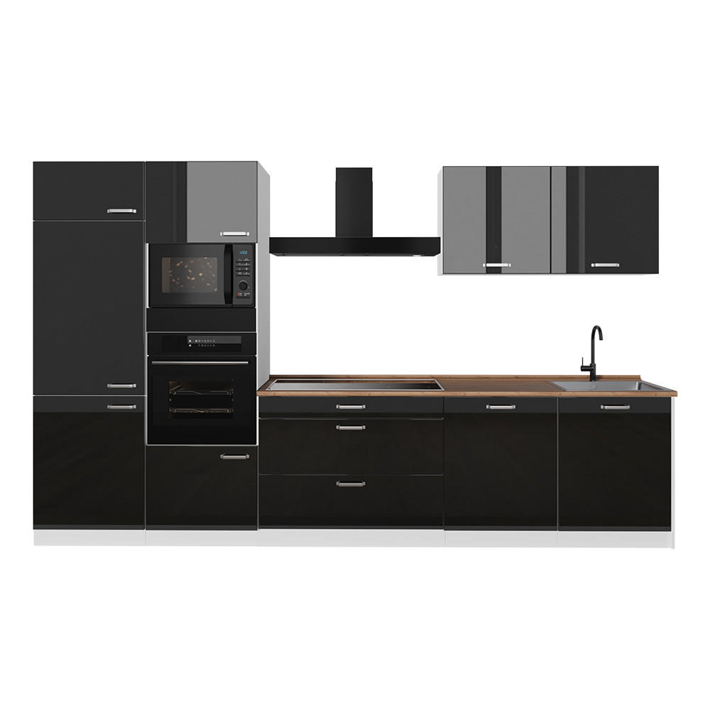 Vicco Küchenzeile Schwarz Hochglanz, Weiß 340x206.8x60 cm