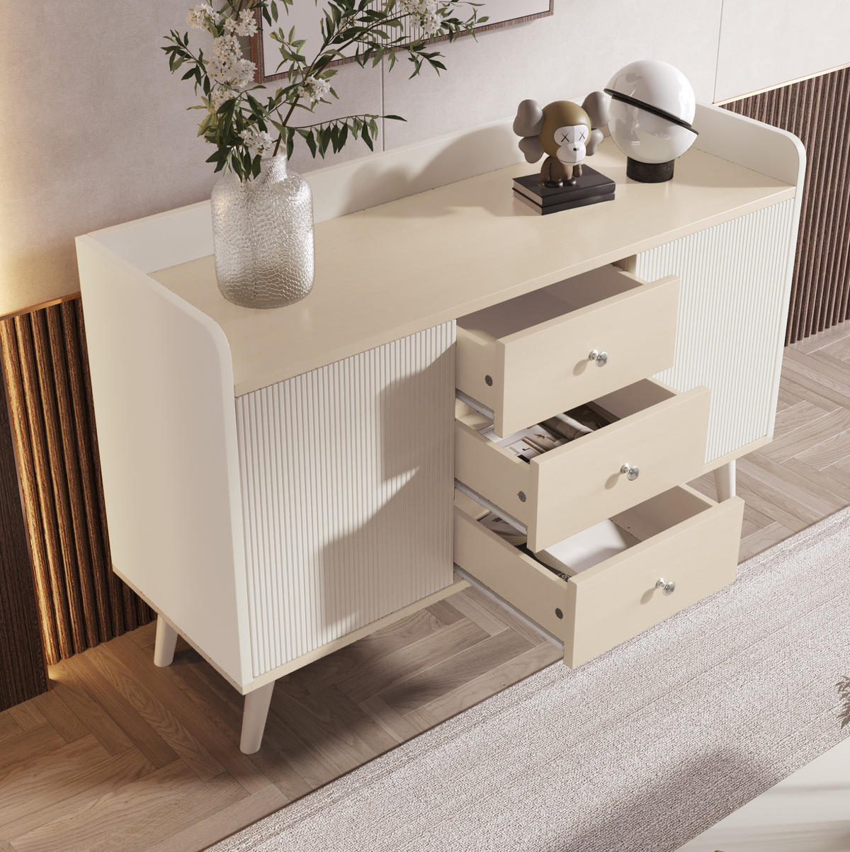 SIDEBOARD mit 2 gestreiften Schiebetüren und 3 Schubladen, MDF mit Massivholzbeinen, 117,5/39,5/79 cm, Weiß und Holzoptik - Weiß, Holzwerkstoff (39.5/117.5/79cm) - Redom