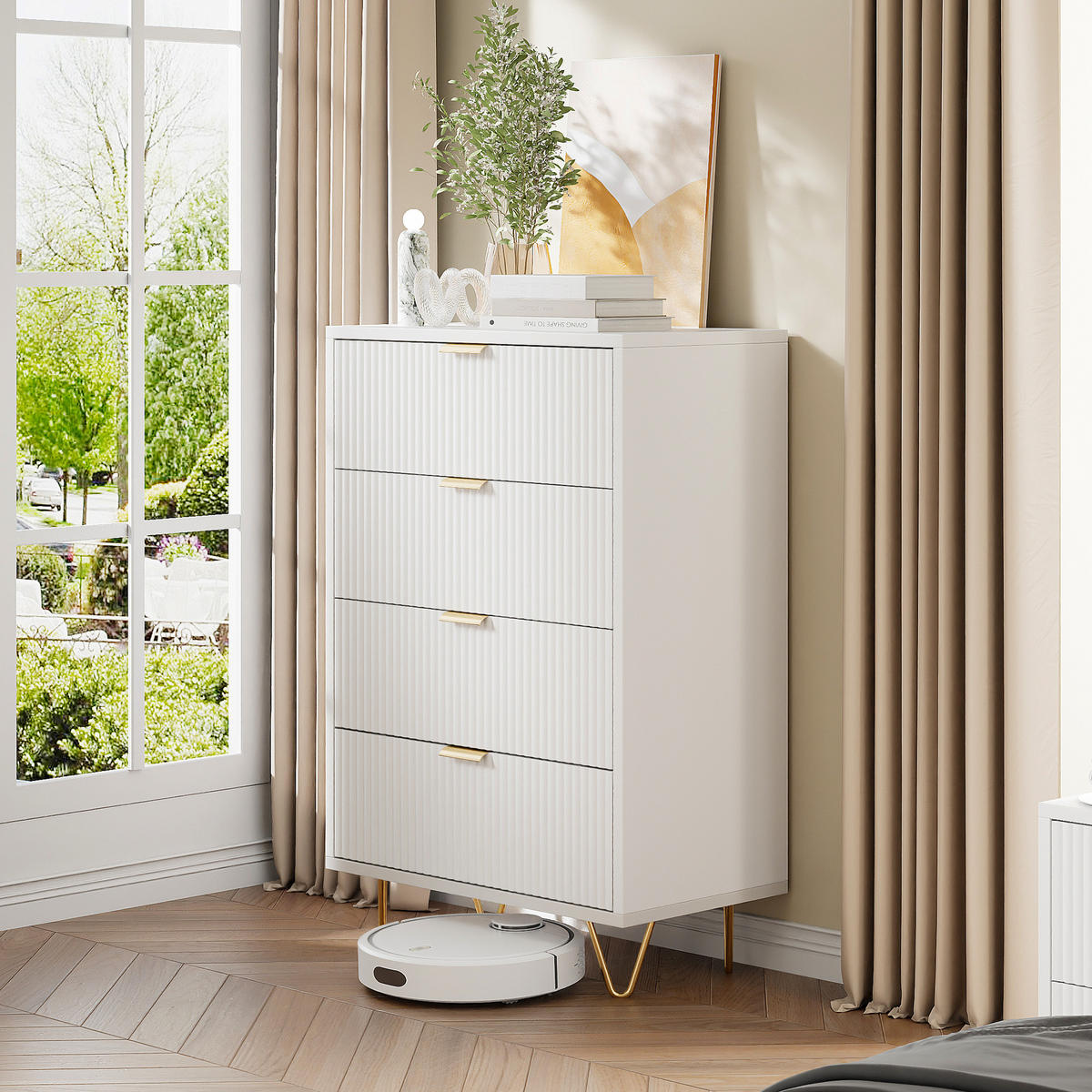 SIDEBOARD Weiß 4 Schubladen Modern - Weiß, Holzwerkstoff (34/91/60cm) - SHOPENTRA