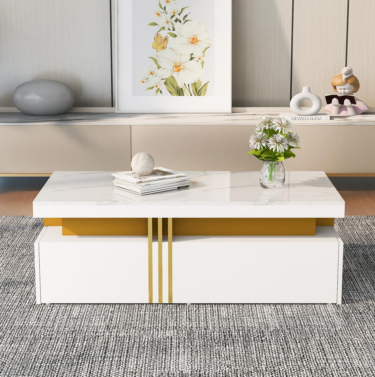 COUCHTISCH, marmorierte Hochglanz-Tischplatte, 2 Schubladen, weiße Spanplatte mit Metallkante, 100/50/40 cm,weiß - Weiß, Holzwerkstoff (100/50/40cm) - Redom