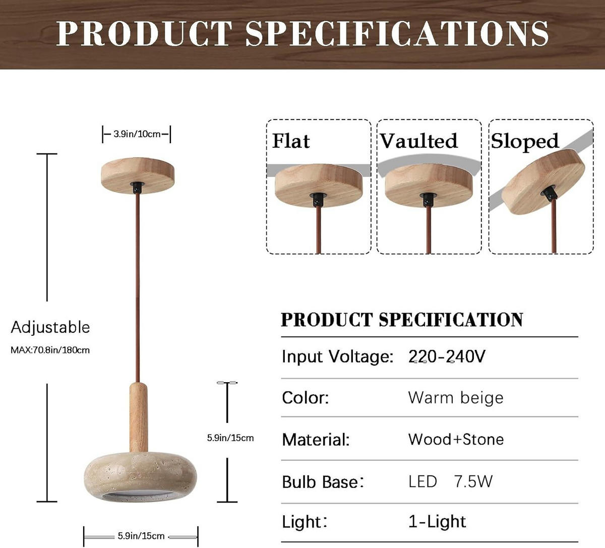 PENDELLEUCHTE Travertin Gelb LED & Holz, Höhenverstellbar - Gelb, Stein (10/15/15cm) - Authentics
