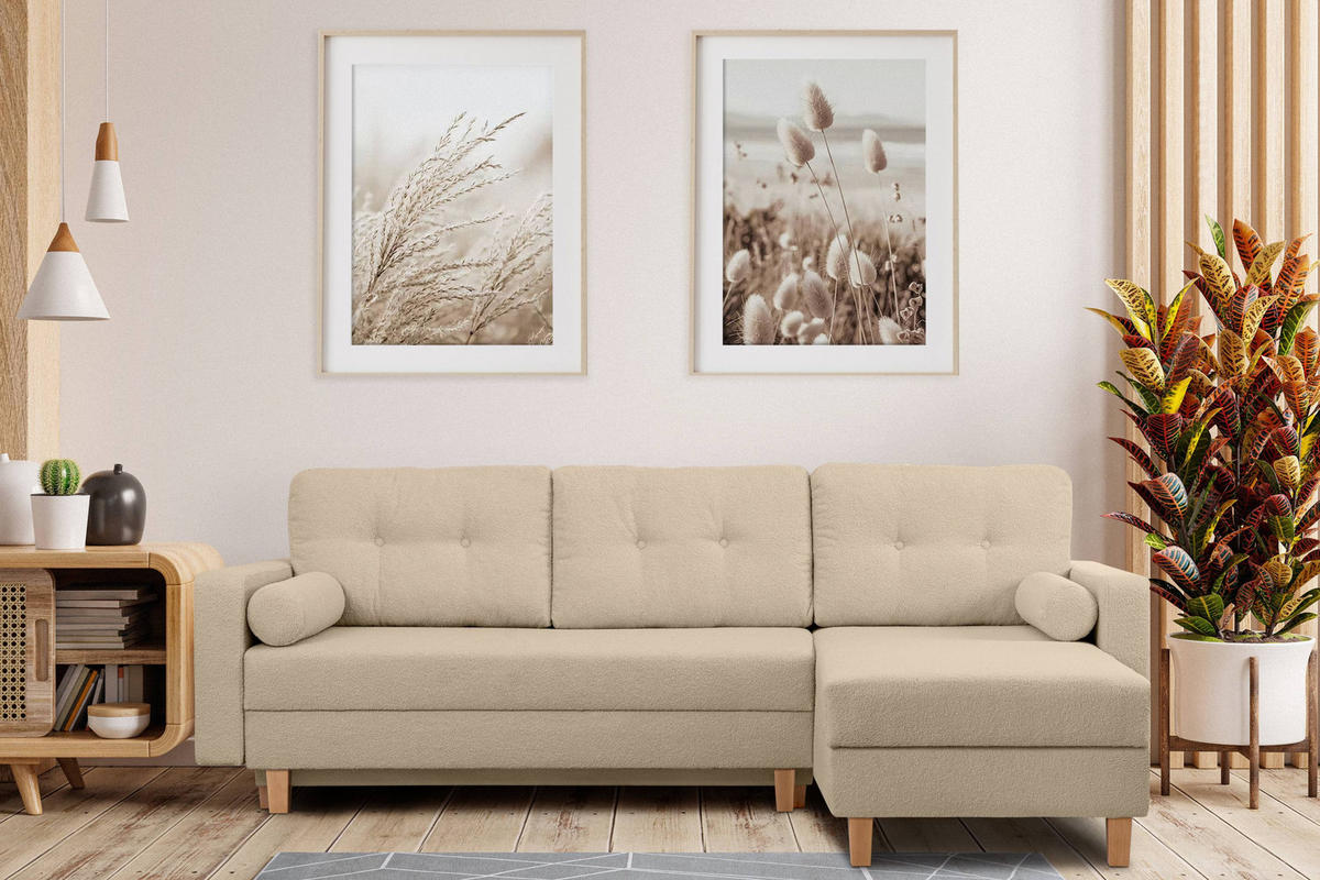 ECKSCHLAFSOFA ERISO 3/4 Sitzer und Universalecke mit Ottoman, Bouclé-Stoff, hellbeige - Beige/Creme, Textil (240/183cm) - KONSIMO®