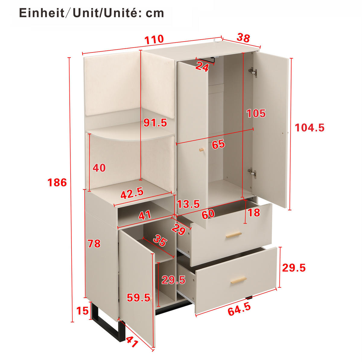 GARDEROBE 110x186cm gepolstert Schuhschrank Flur modern - Beige, Holzwerkstoff (38/186/110cm) - FLIEKS