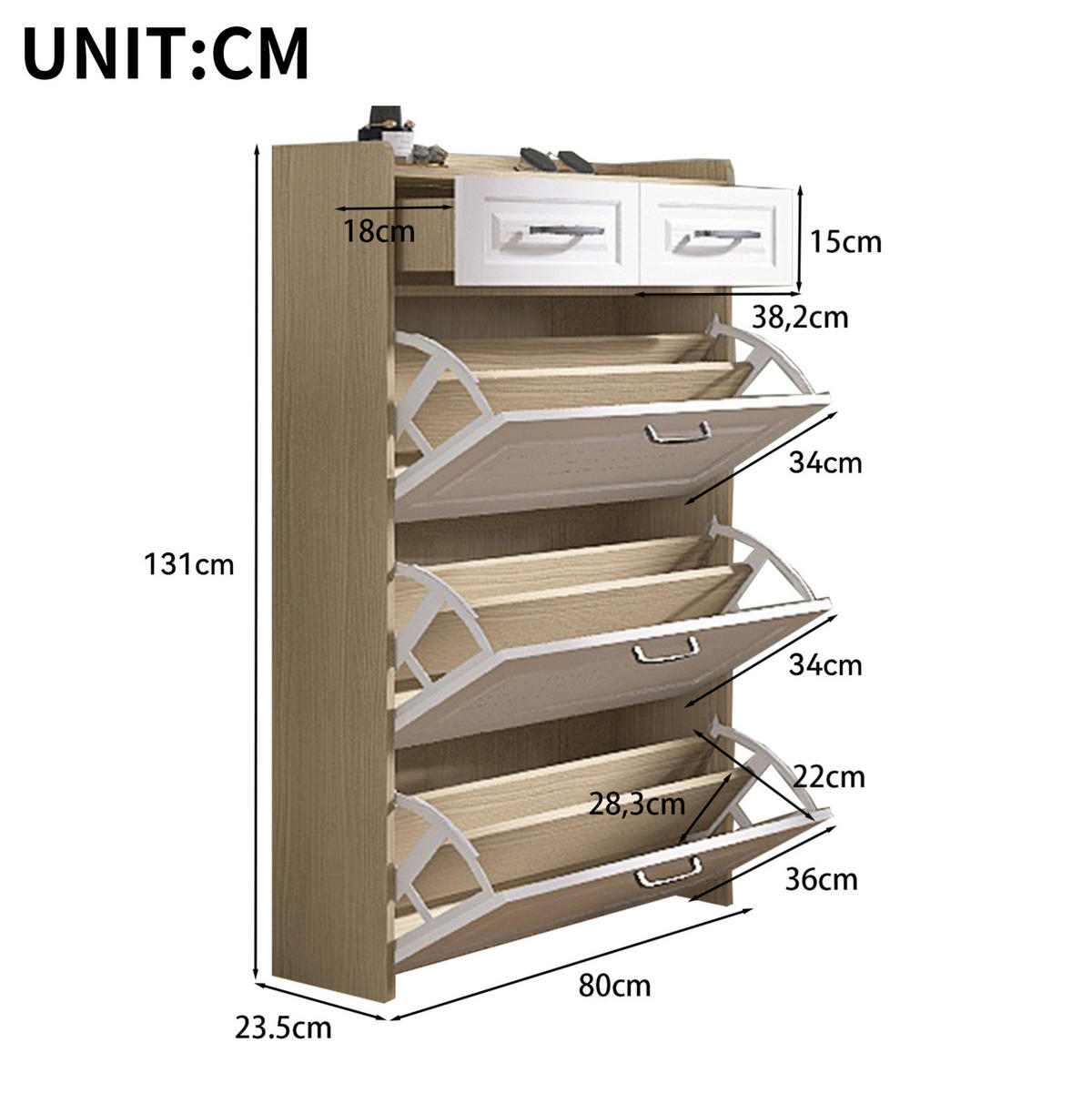 SCHUHKOMMODE mit 3 Klappen und 2 Schubladen, Spanplatte, 80/23,5/131 cm, Weiß/Natur - Naturfarben, Holzwerkstoff (23.5/131/80cm) - Redom
