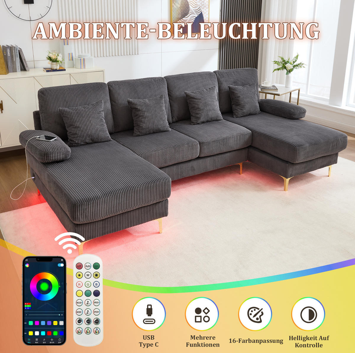 U-FORM Wohnlandschaft Samt mit LED und USB-Anschluss 265/135/88 cm Grau - Grau, Textil (135/88/265cm) - Redom