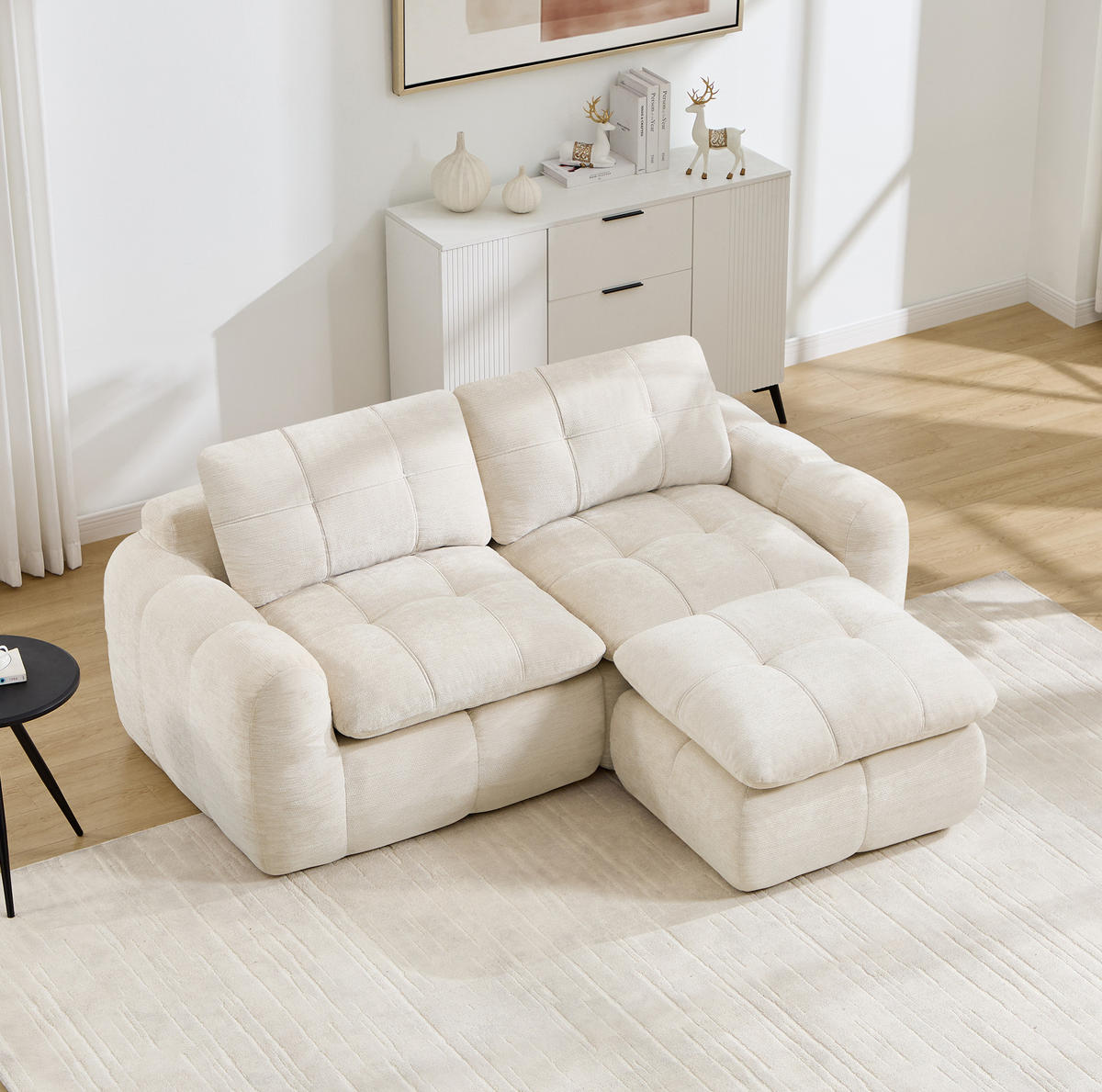 SOFA 194/160/68 cm in Beige mit Chenille-Bezug und Hocker - Beige, Textil (160/68/194cm) - Flora Grace