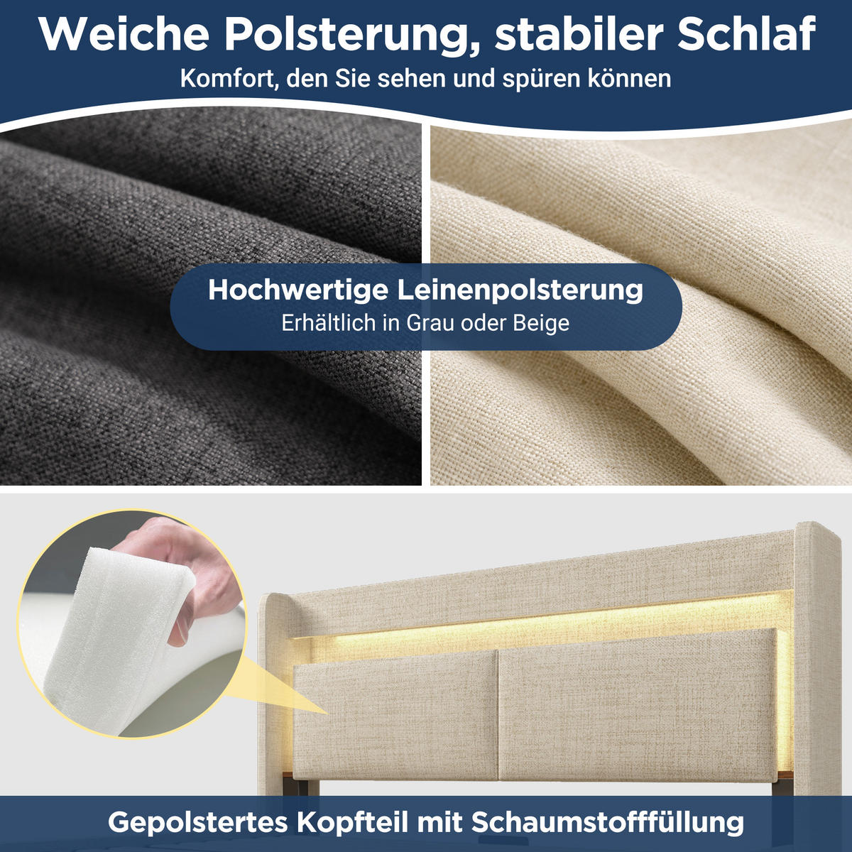 POLSTERBETT 180/200 cm mit LED, USB/USB-C, hydraulischem Stauraum und Schublade, Leinen, Beige - Beige, Textil (180/200cm) - Redom