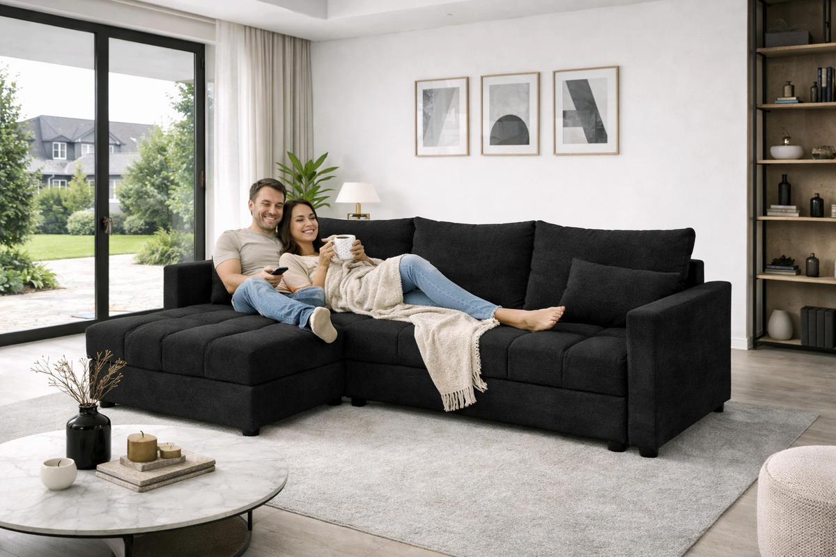 WOHNLANDSCHAFT AURELIA– Ecksofa in L-Form mit Schlaffunktion Bettkasten & Kissen Stoff KRONOS 226 cm Schwarz - Schwarz, Kunststoff (226/140cm) - Wohnideebilder