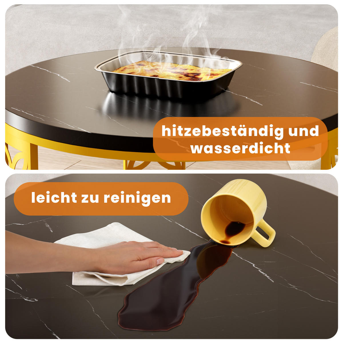 COUCHTISCH in Schwarz Hitzebeständiger Wohnzimmertisch mit Marmor-Optik Platte Sofatisch mit Metallgestell - Goldfarben/Schwarz, Holzwerkstoff/Metall (70/70/45cm) - STILVORA