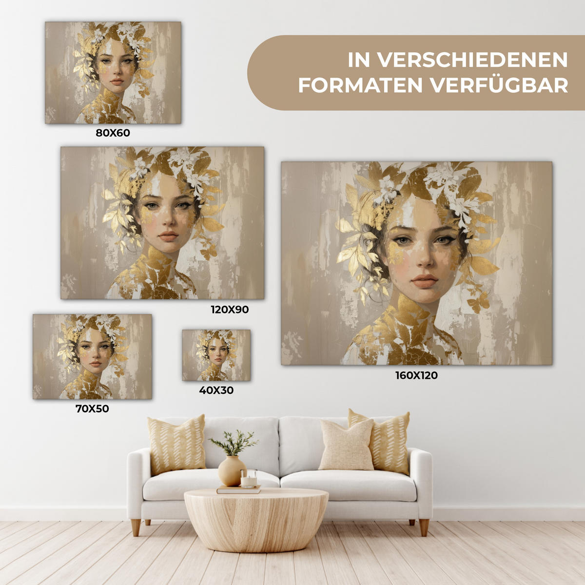 LEINWANDBILD Gesicht - Frau - Blätter - Gold Wandbilder 80x60 cm - Beige, Textil (80/60cm) - MuchoWow