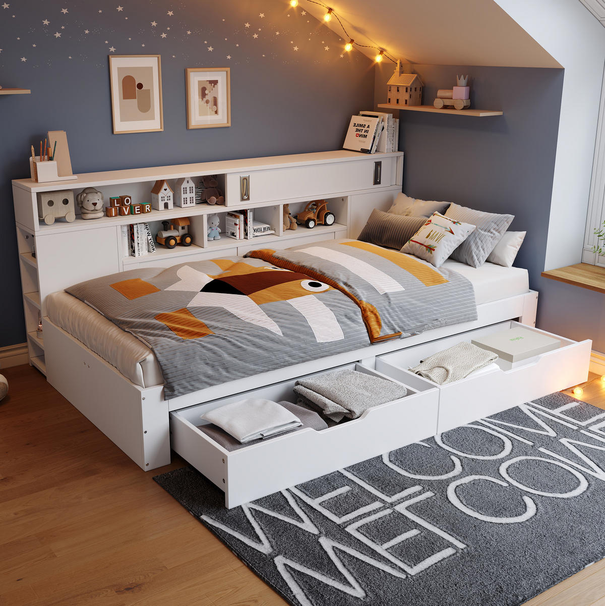 KINDERBETT aus MDF 90x190 cm Weiß mit 2 Schubladen, Schiebetür-Schrank und verstellbaren Regalen - Weiß, Holzwerkstoff (90/190cm) - Modfu