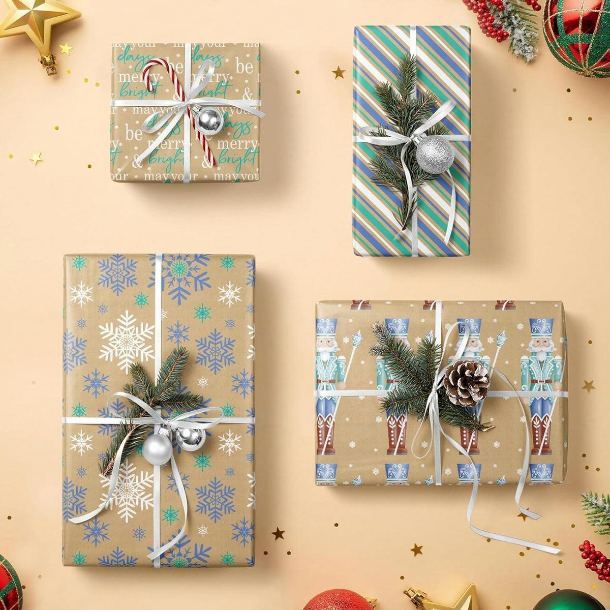 GESCHENKPAPIER 4 Rollen Kraftpapier Weihnachtsmotive 76 x 300 cm - Multicolor, Papier (4/76/15cm)