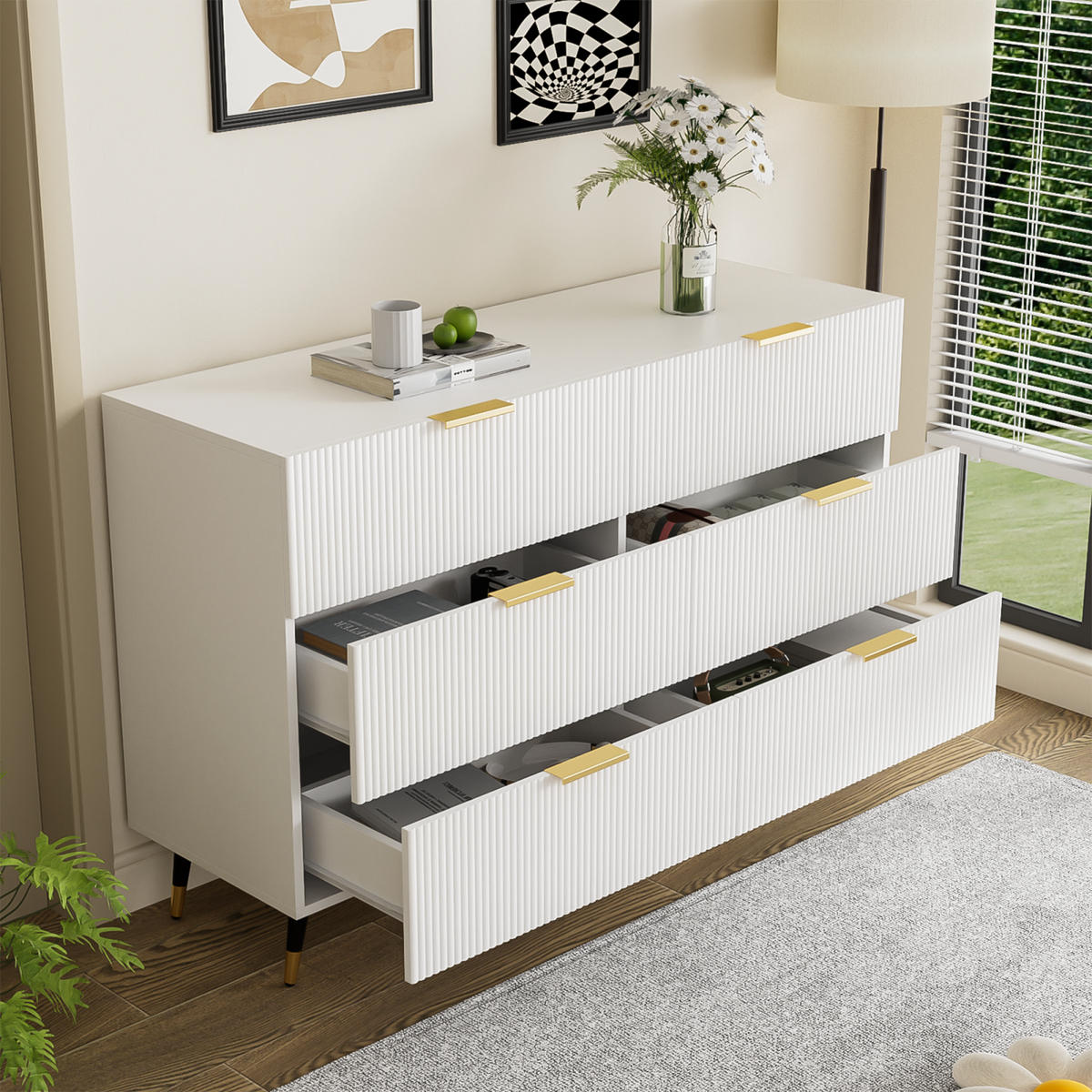 KOMMODE Weiß, 6 Schubladen, Goldgriffe, moderner Stil - Weiß, Holz (120/77/40cm)