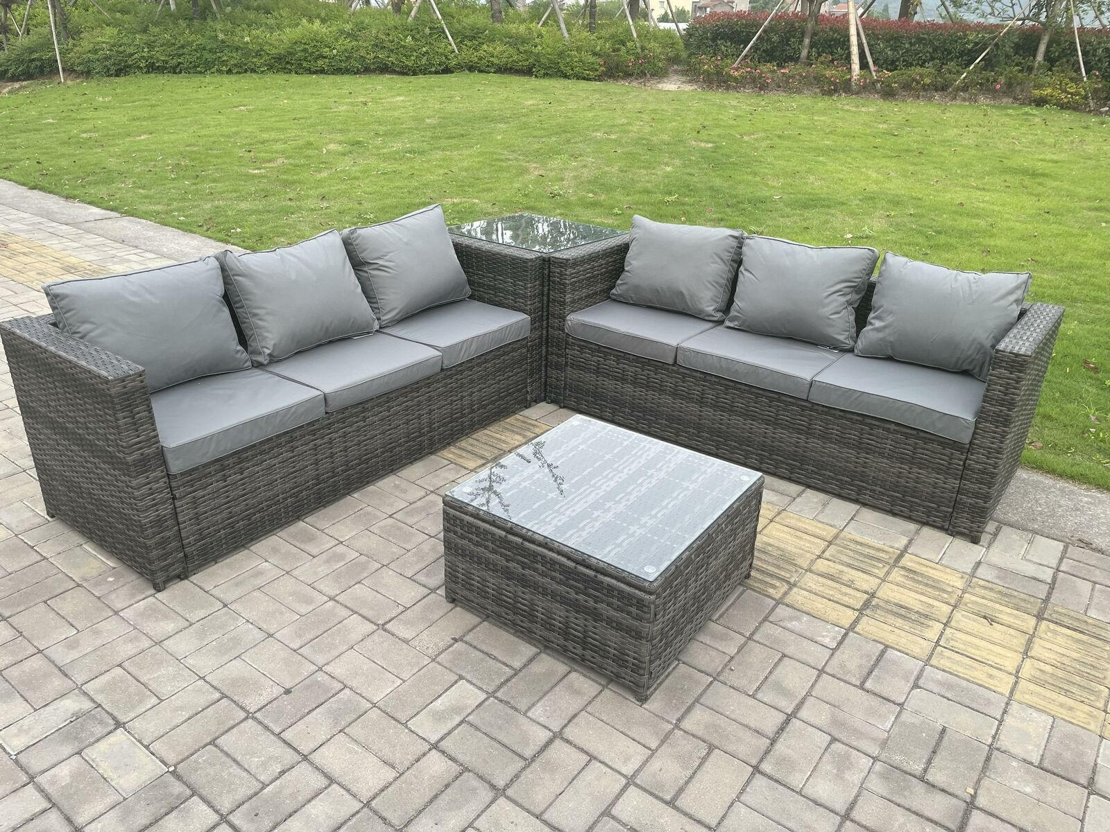 GARTENMÖBEL SET Polyrattan 6-Sitzer - Dunkelgrau/Grau, Glas/Kunststoff - Fimous