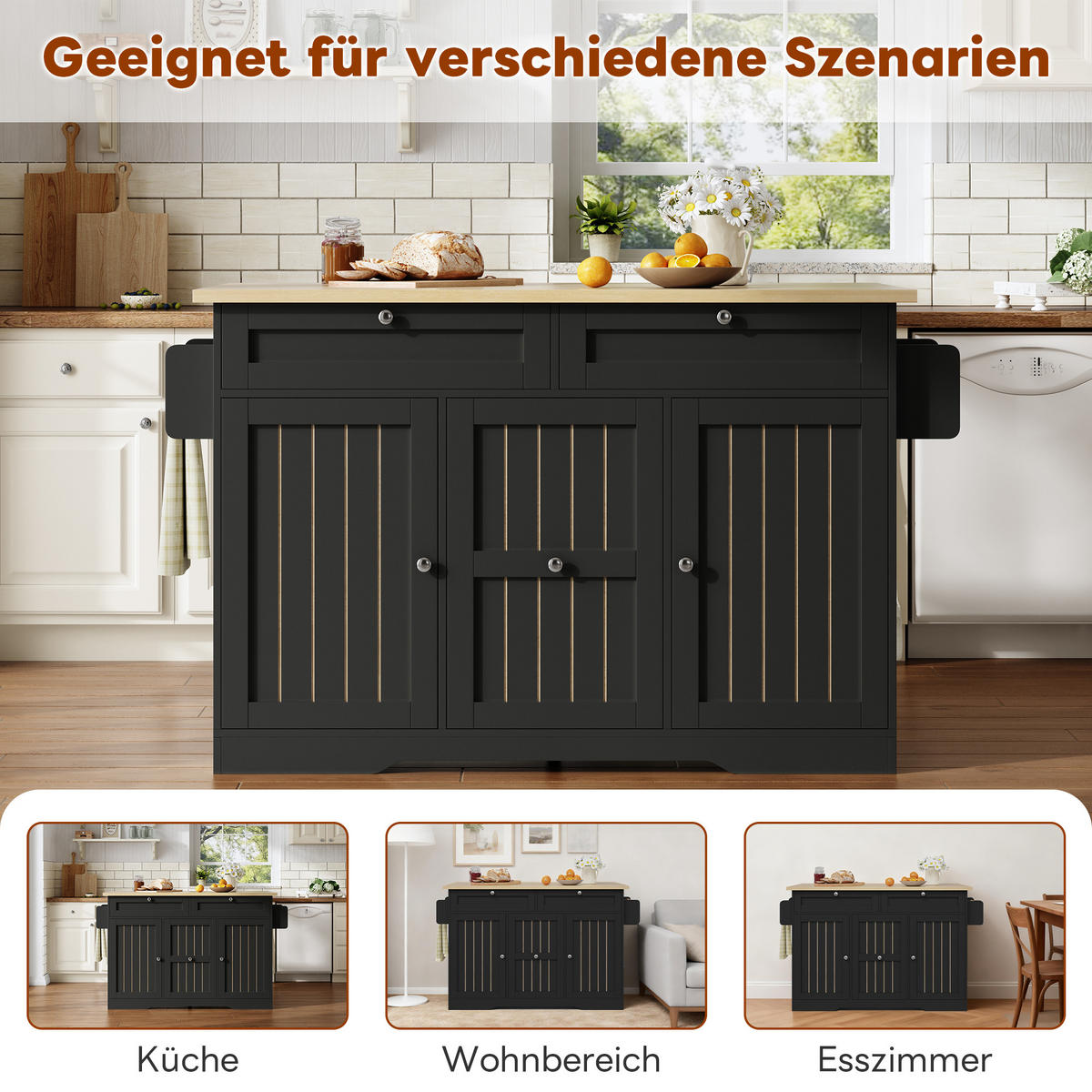 KÜCHENINSEL in Schwarz mit Holzoptik-Platte, klappbarer Arbeitsfläche und Rollen - Schwarz, Holzwerkstoff (120/92/70cm) - Urban Meuble