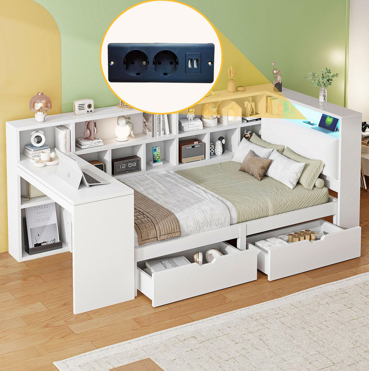 TAGESBETT 90/200 cm mit Schreibtisch, Bücherregal, LED-Beleuchtung und Stauraum, Weiß - Weiß, Holzwerkstoff (90/200cm) - Redom
