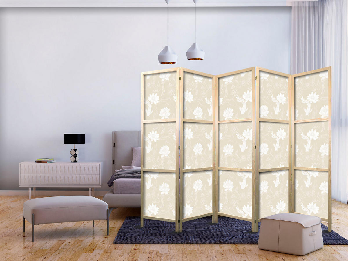 PARAVENT Japanischer 5-tlg 225x172 cm Fische Und Blumen - Beige, Holz/Textil (225/172/3cm) - Muralo