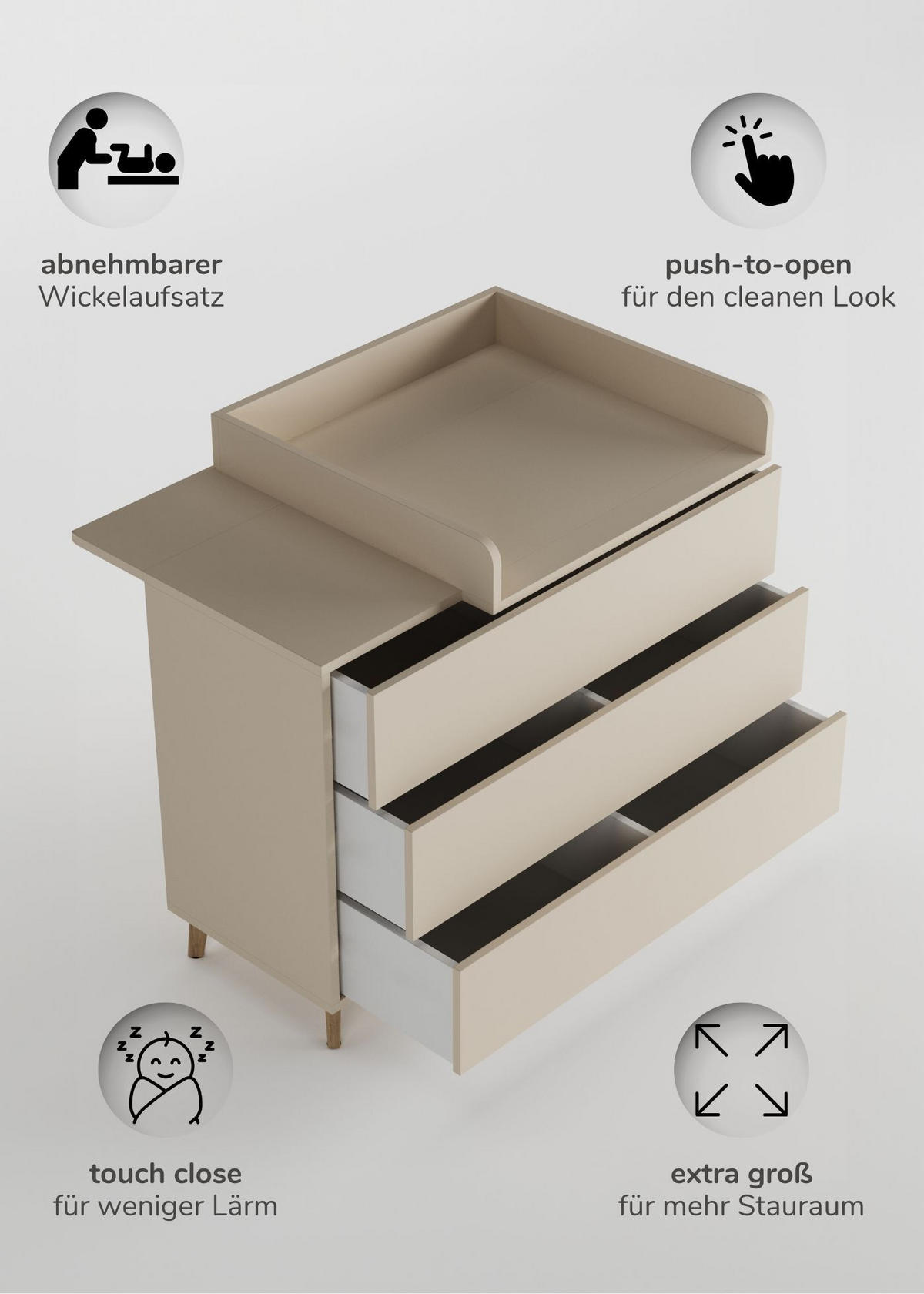 WICKELKOMMODE EDEN – Push-to-Open, Touch-Close, abnehmbarer Wickelaufsatz & Schubladen mit Fächern - sahara dust - Buchefarben/Sahara, Holzwerkstoff/Buchenholz (71/94/114cm) - Sämann – make a difference.