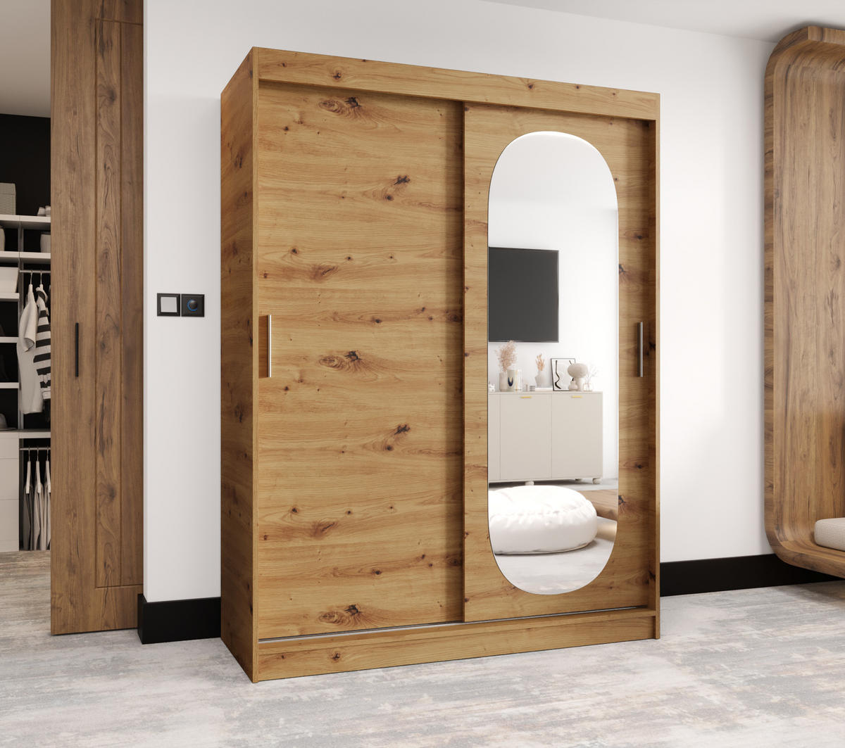 SCHWEBETÜRENSCHRANK 200/150/62 2-türig - Silberfarben/Eiche Artisan, Holz (150/200/62cm) - MÖBEL KRYSPOL