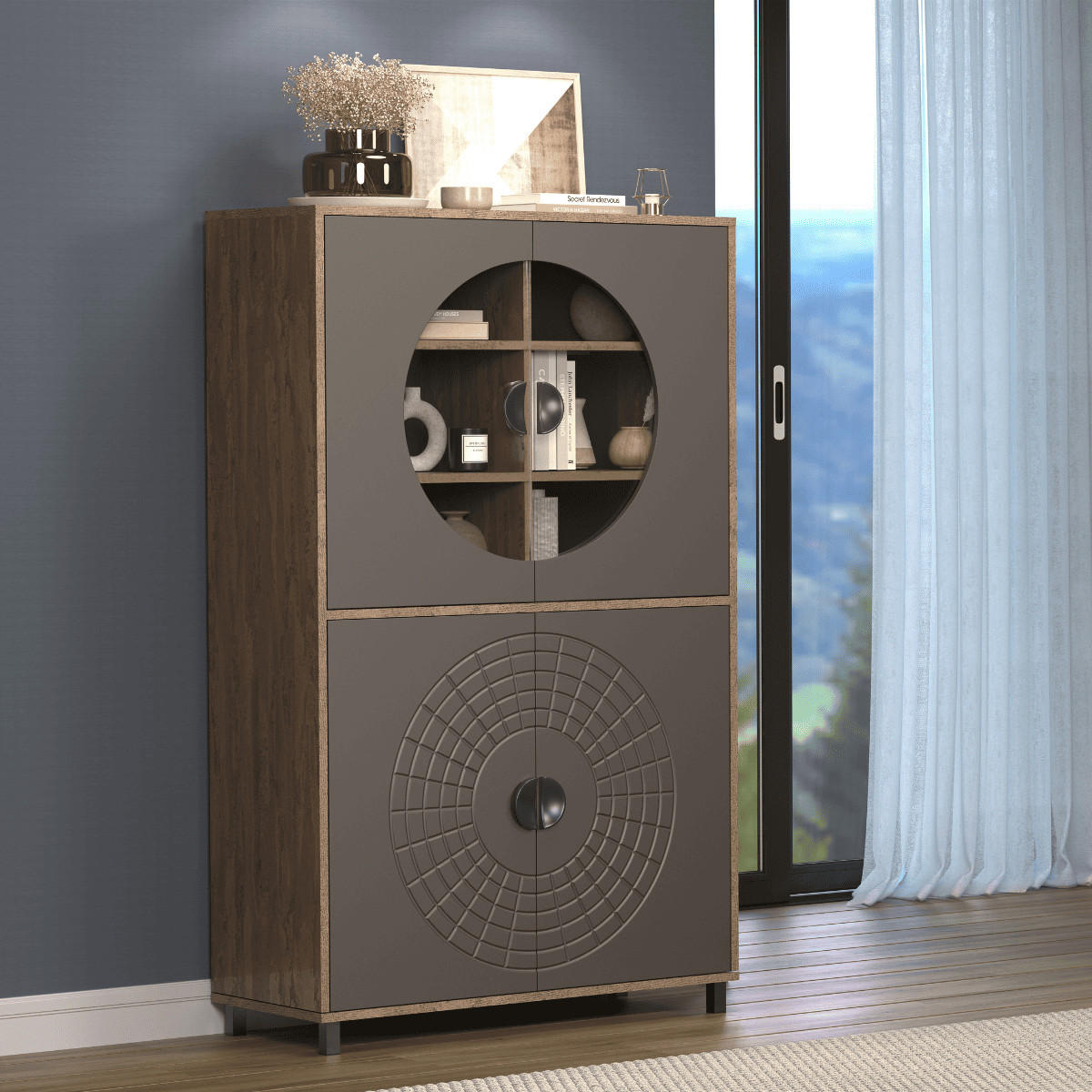 SIDEBOARD mit 4 türen, davon 2 mit gehärtetem glas - fusion 97/42/163 cm - Eschefarben, Holzwerkstoff (42/163/13cm) - Calicosy