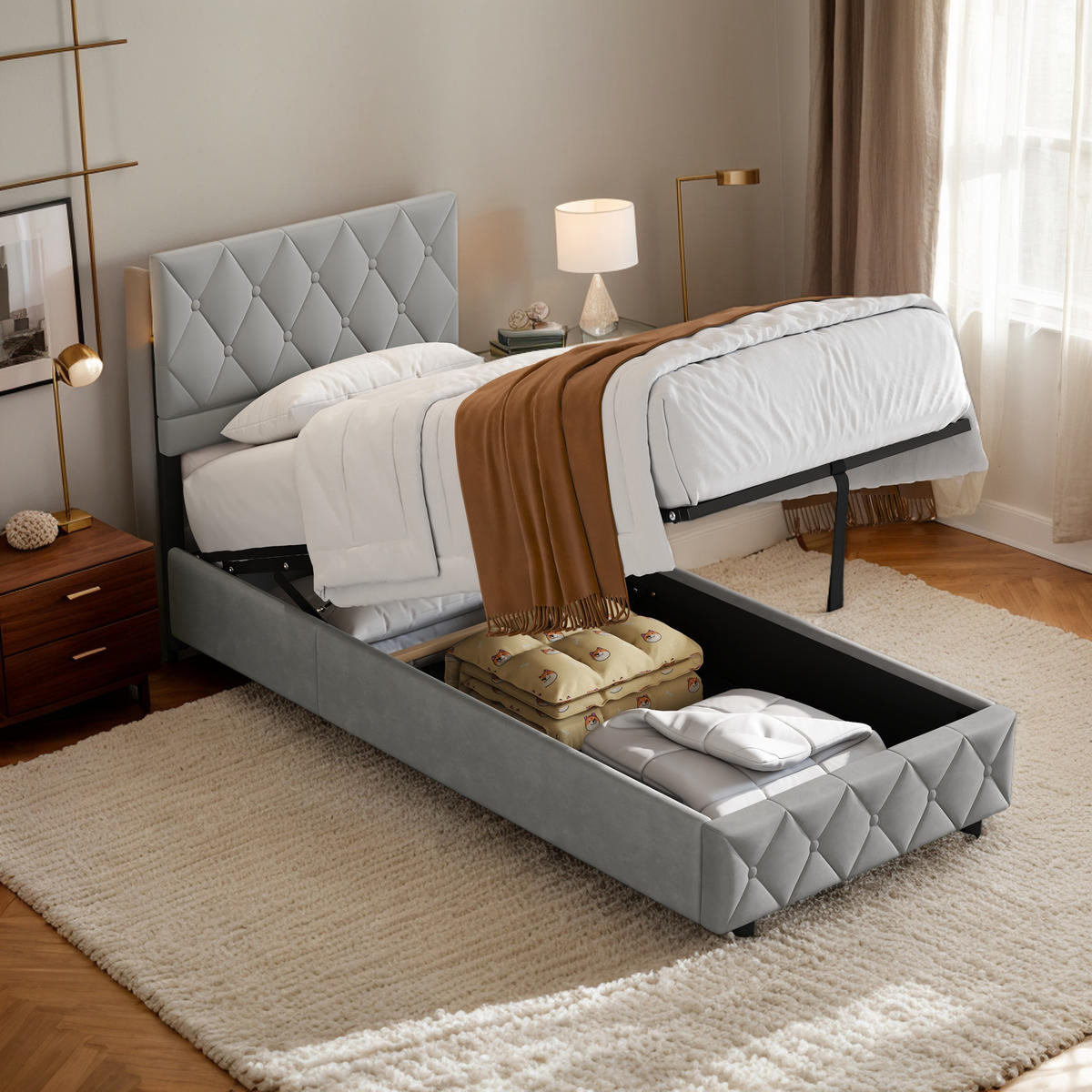 POLSTERBETT 90/200 cm Grau mit hydraulischem Stauraum aus Samt - Grau, Holzwerkstoff (90/200cm) - OKWISH