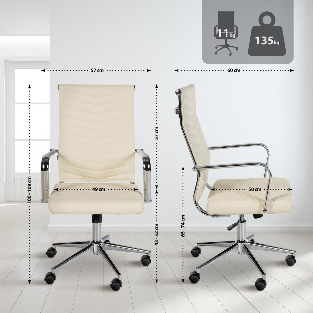 DREHSTUHL Lederlook Creme - Chromfarben/Creme, Textil/Metall (57/100/60cm) - CLP