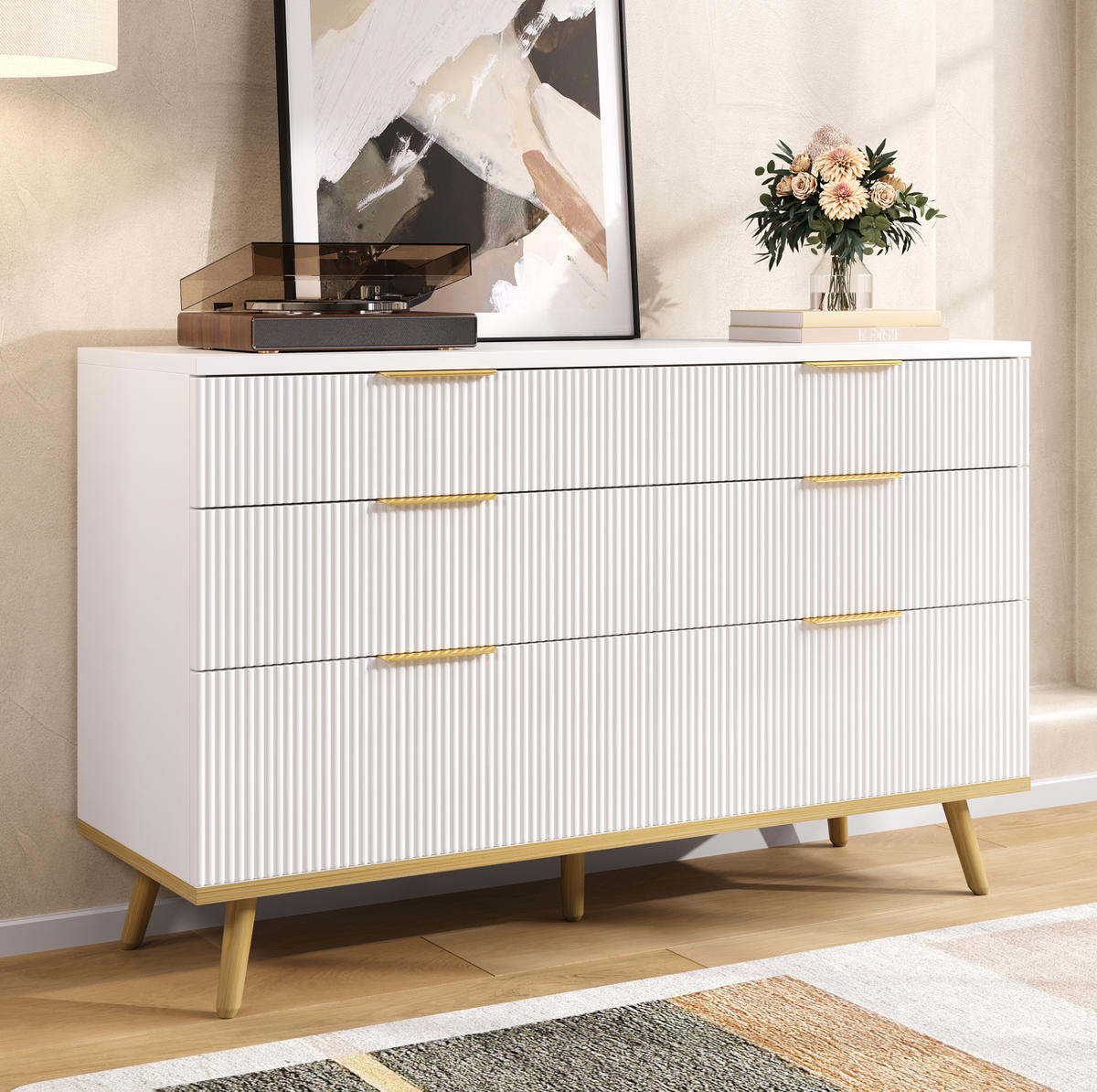 KOMMODE aus Spanplatte 120x40x76,5 cm Weiß mit 6 Schubladen und Holzoptik-Füßen - Weiß, Holzwerkstoff (120/76.5/40cm) - Modfu